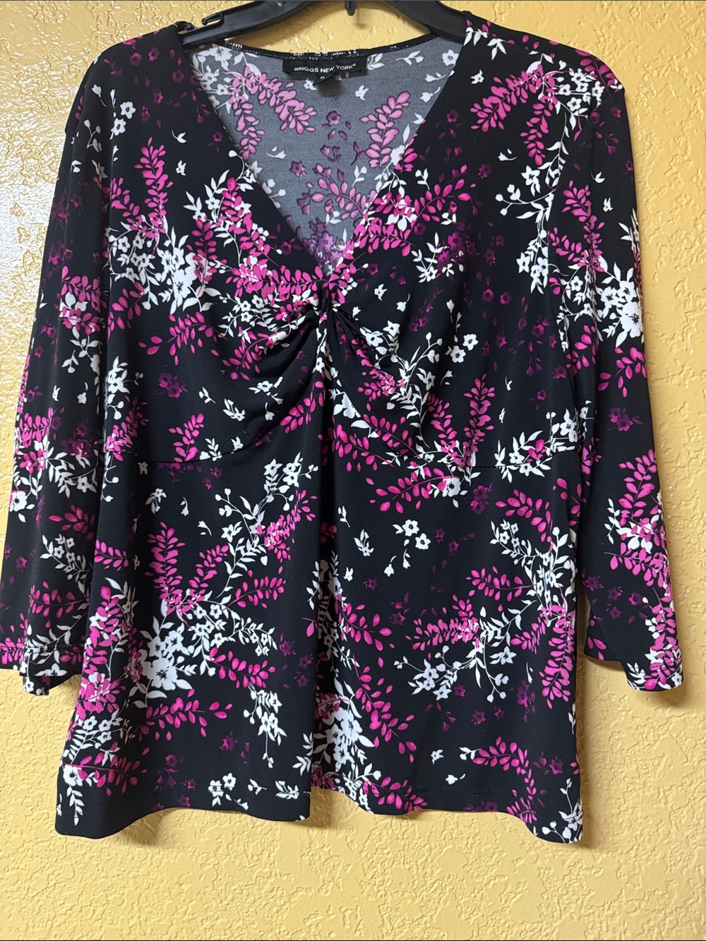 Briggs New York Black Floral Twist-Front Blouse with Pink & White Print